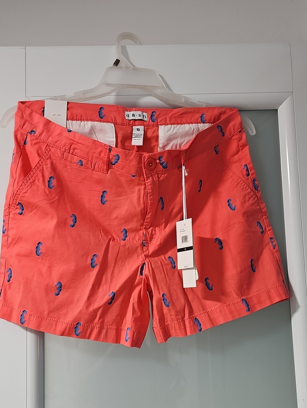 Coral Shorts with Blue Seahorses